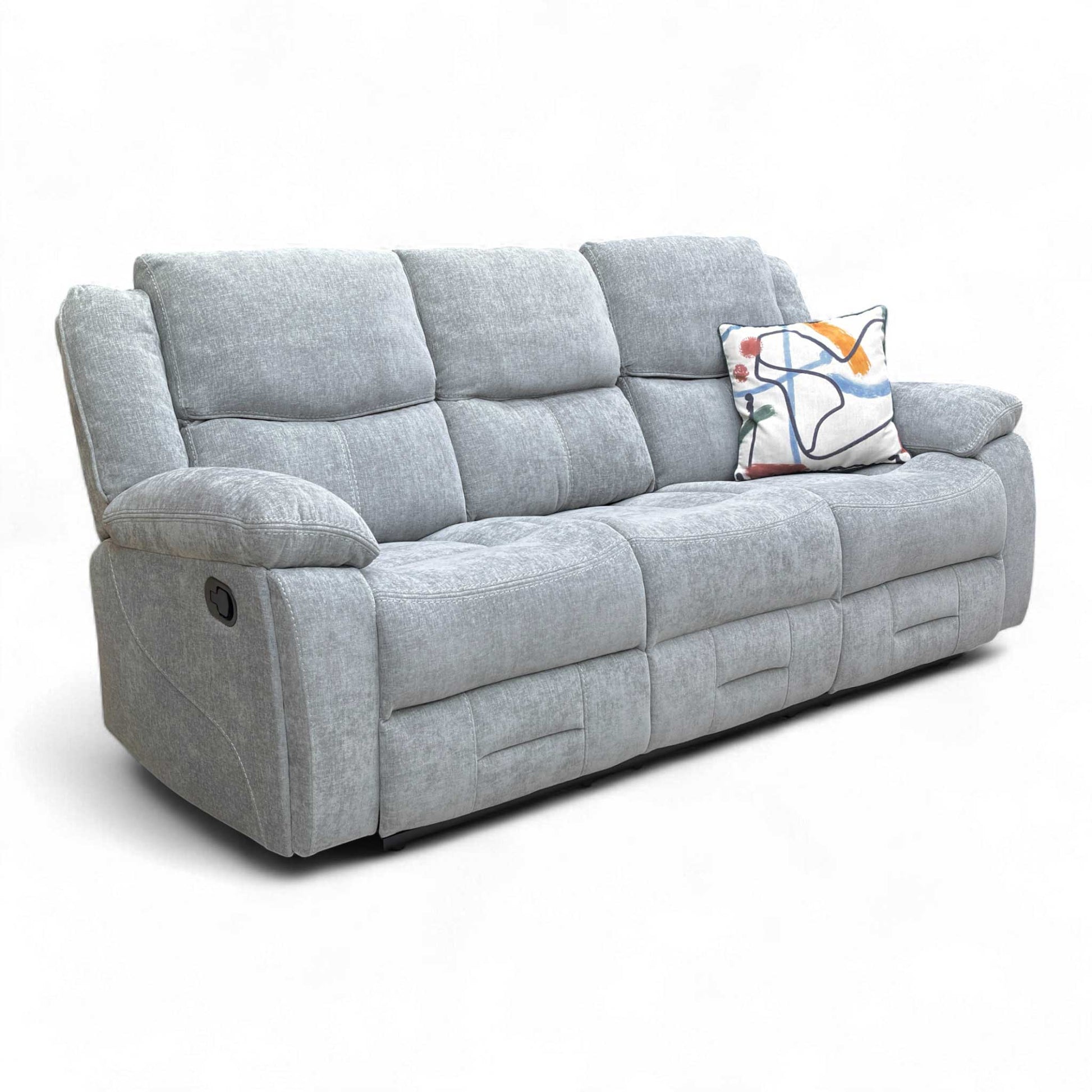 Angled view of the Weston 3 Seater Manual Recliner Sofa in Light Grey Fabric, showcasing its size and contemporary high-back design.