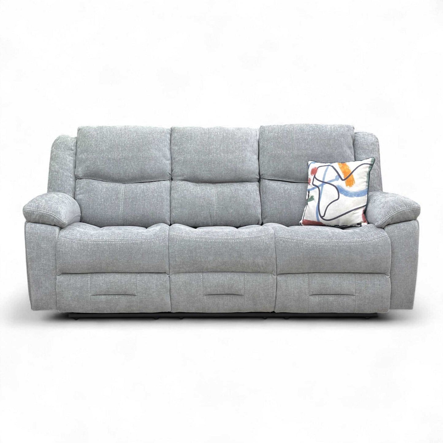 Full frontal view of the Weston 3 Seater Sofa with the central drop-down console lowered, revealing the two cup holders.