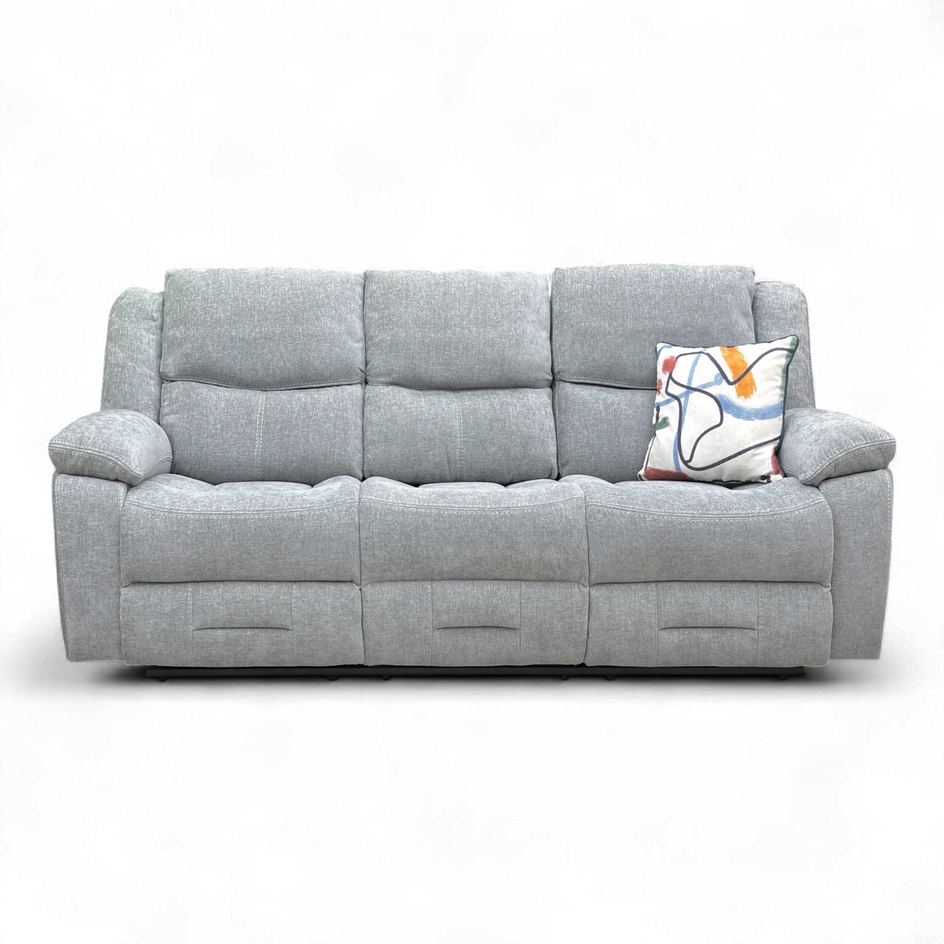 Full frontal view of the Weston 3 Seater Sofa with the central drop-down console lowered, revealing the two cup holders.