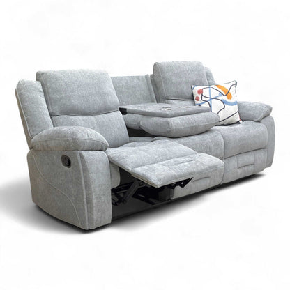 Angled view of the Weston 3 Seater Manual Recliner Sofa in Light Grey Fabric, showcasing its size and contemporary high-back design.