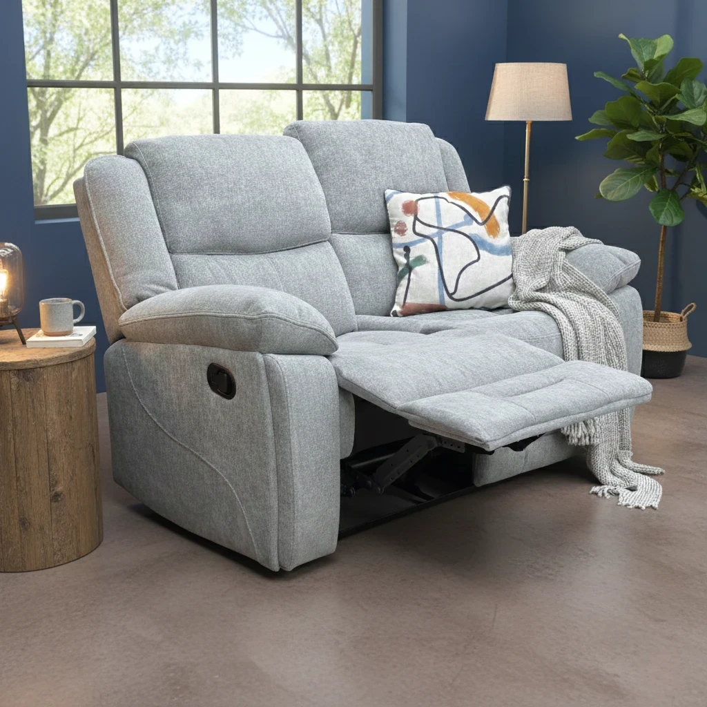 Living Room of the Weston 2 Seater Sofa highlighting its features: Light Grey Fabric, Manual Recliner, and Pad Arm style.