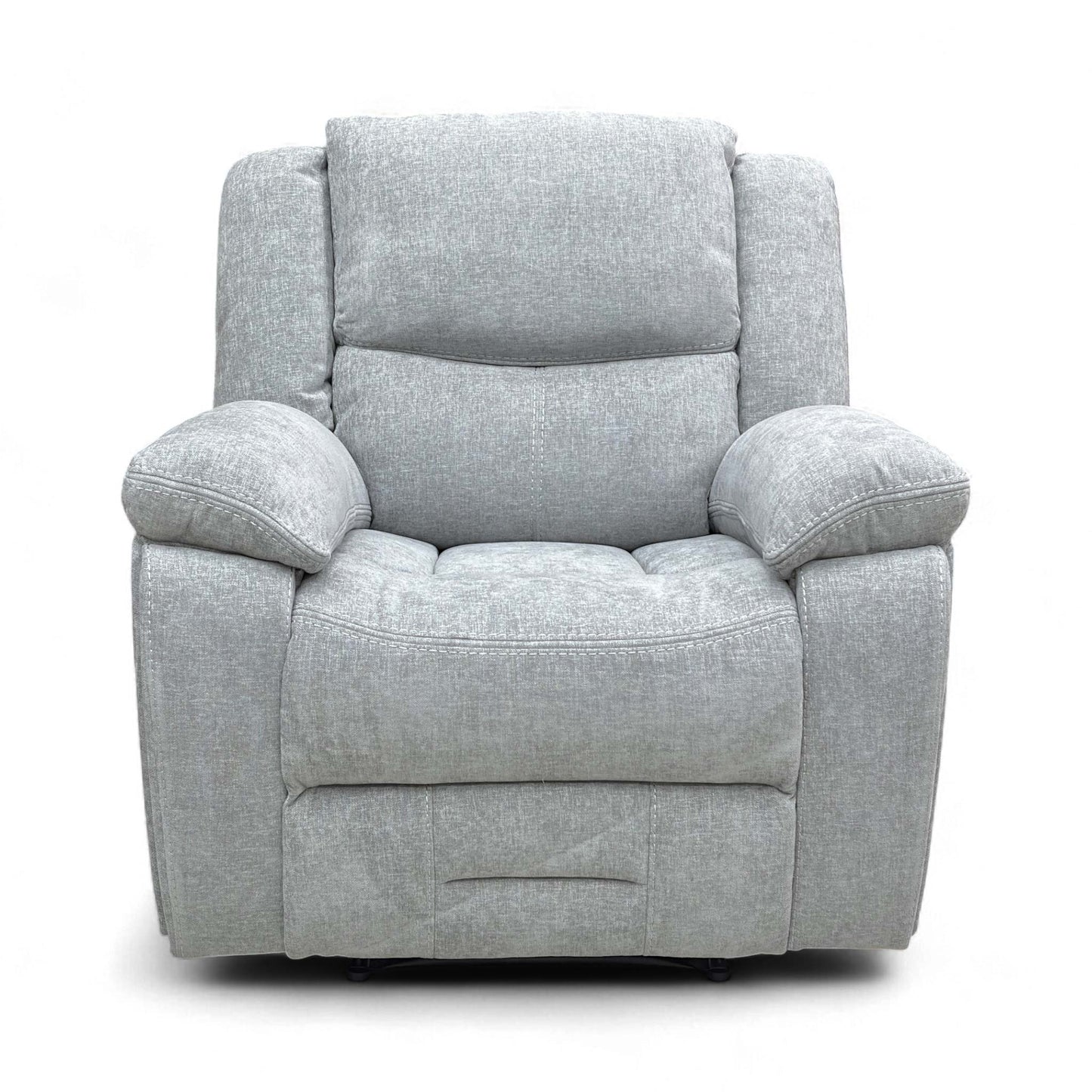 Full front view of the Weston Light Grey Manual Recliner Chair (96 cm wide), featuring its pad arm style.