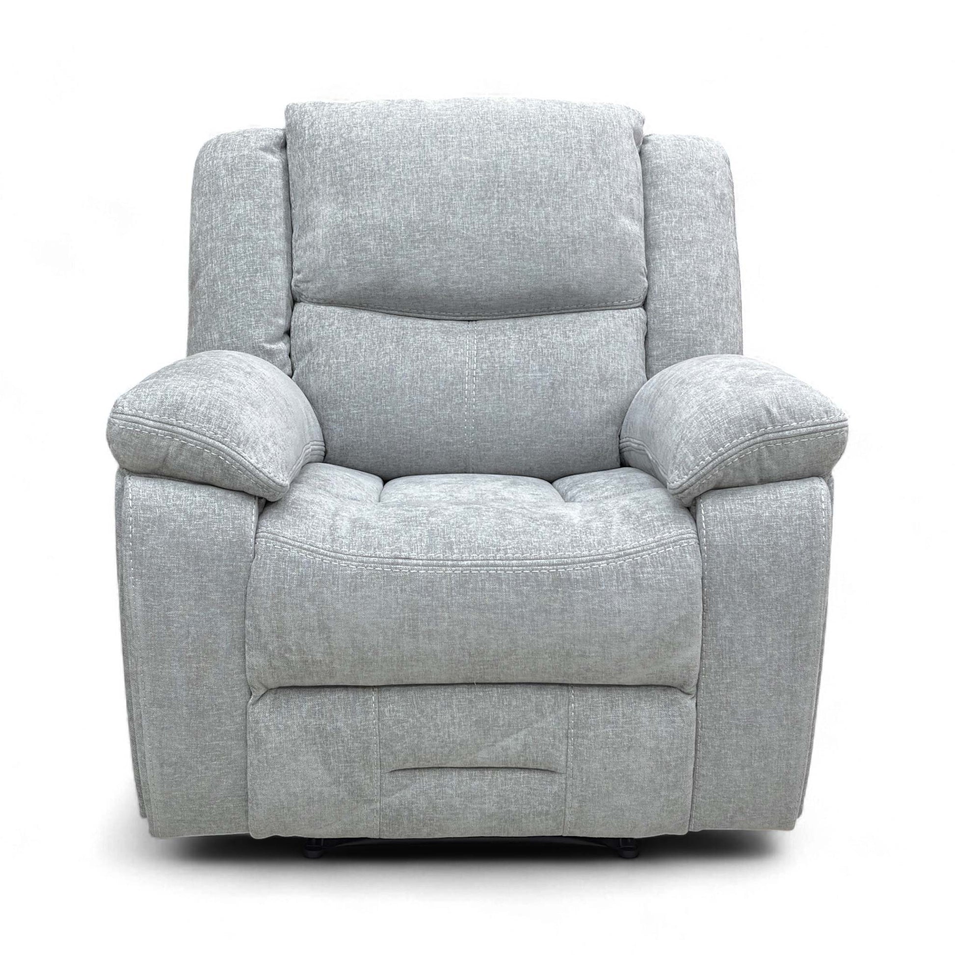 Full front view of the Weston Light Grey Manual Recliner Chair (96 cm wide), featuring its pad arm style.