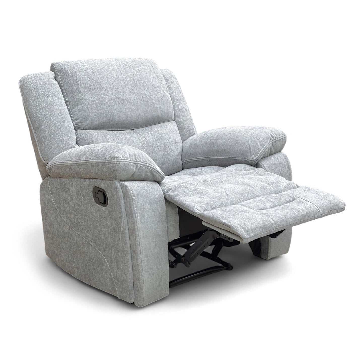 Angled view of the Weston Manual Recliner Chair in Light Grey Fabric, showcasing its contemporary style and high back design.
