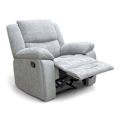 Angled view of the Weston Manual Recliner Chair in Light Grey Fabric, showcasing its contemporary style and high back design.