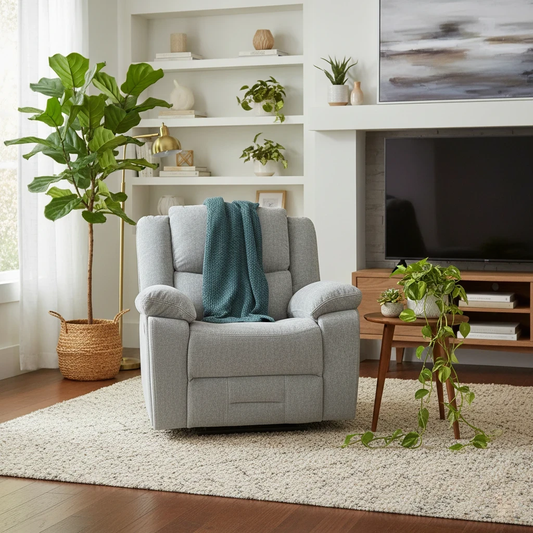 Living Room of the Weston Chair highlighting its features: Light Grey Fabric, Manual Recliner, and Pad Arm design.