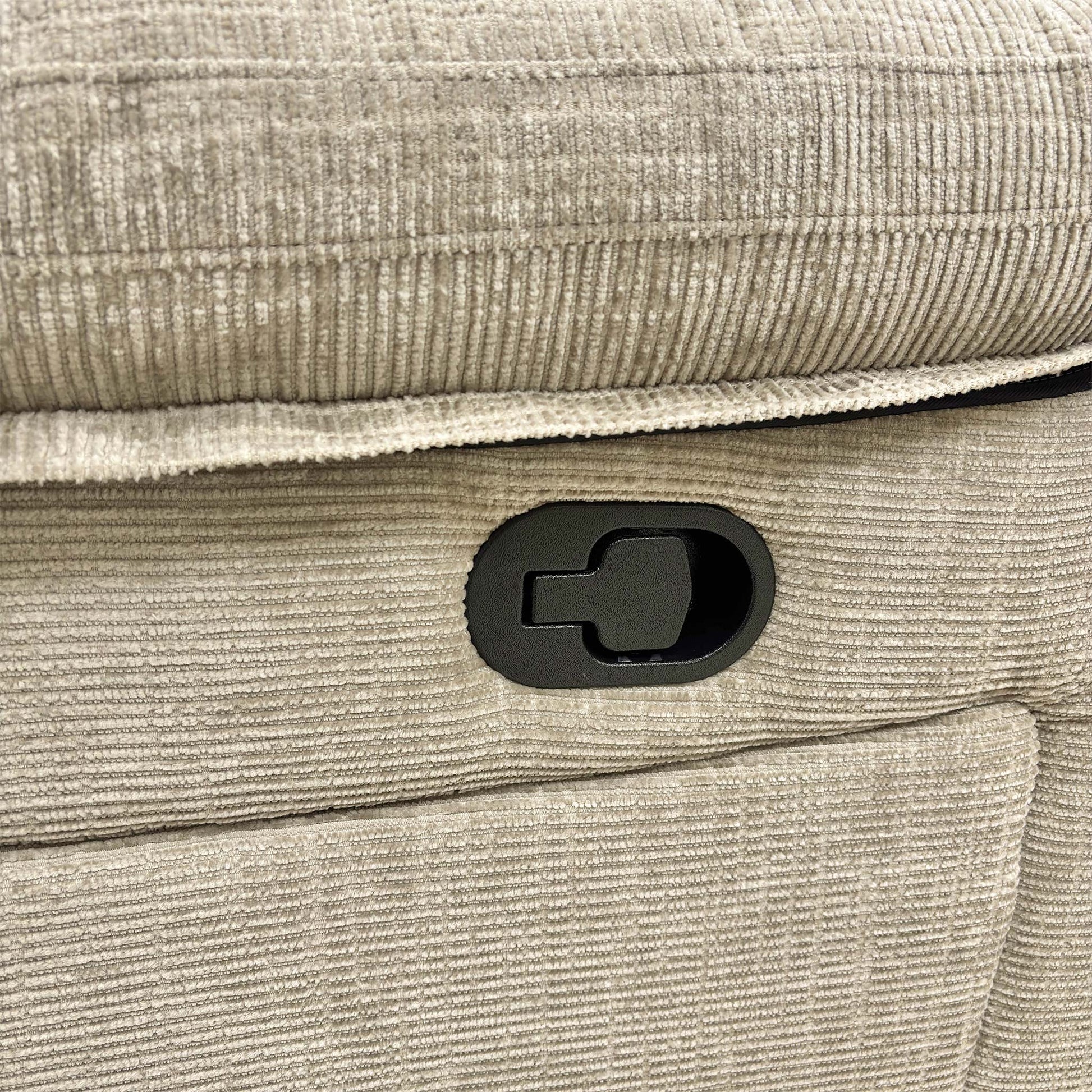 Detail shot of one of the manual recliner seats on the Wilbur sofa in a relaxed, extended position.