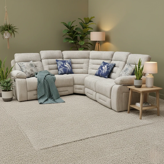 Living room of Digital rendering of the Wilbur Latte Corner Group, emphasizing the contemporary style with two manual recliner end units.