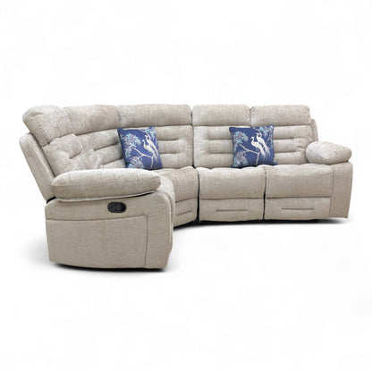 Side view of the Latte Fabric Manual Recliner Corner Sofa with one end reclined and the manual lever pull handle visible.