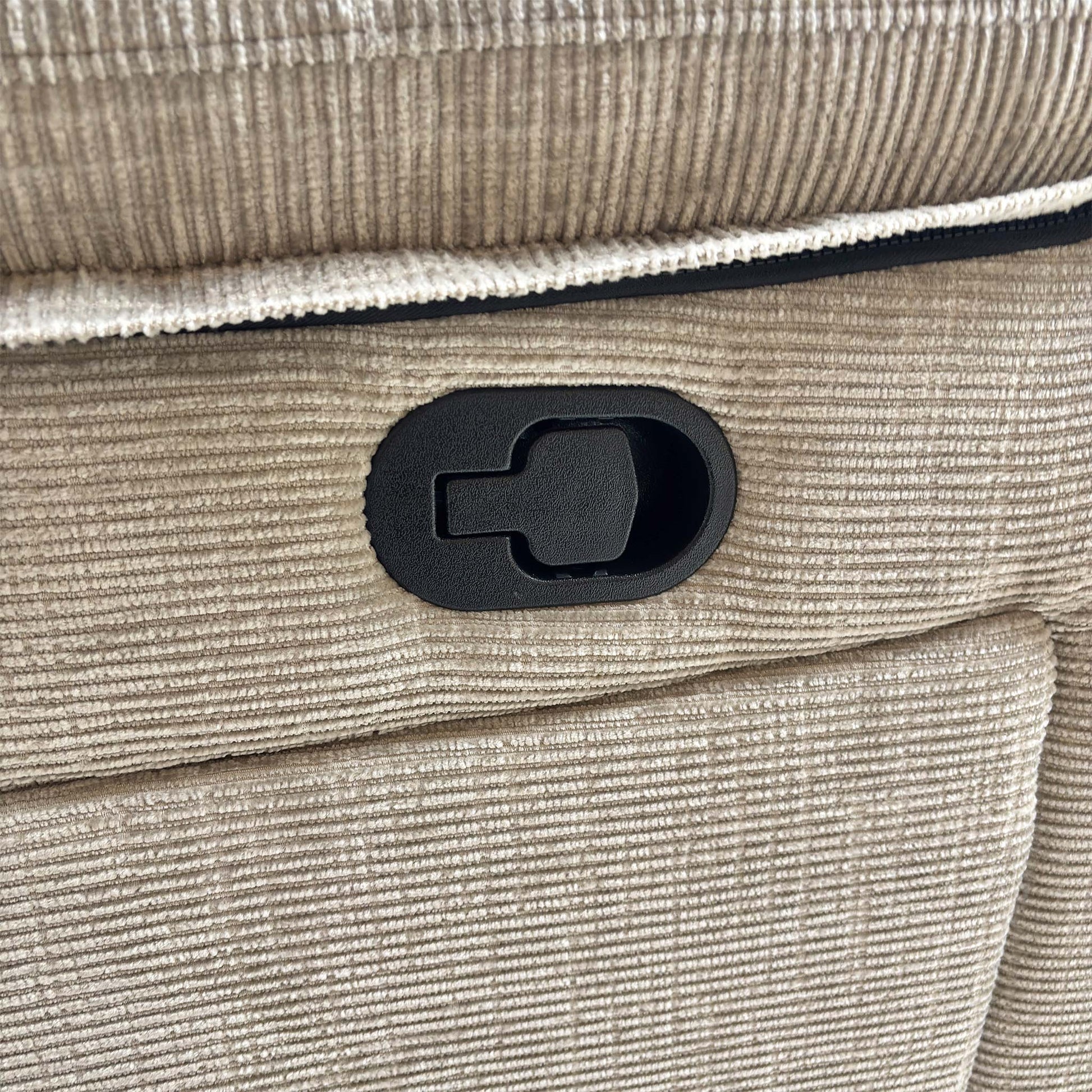 Detailed shot of the manual recliner mechanism lever located on the side of the sofa arm.