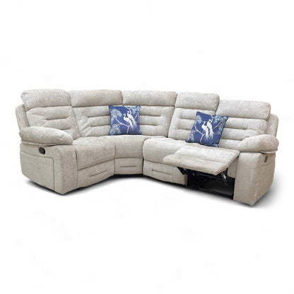 Side view of the Latte Fabric Manual Recliner Corner Sofa with one end reclined and the manual lever pull handle visible.
