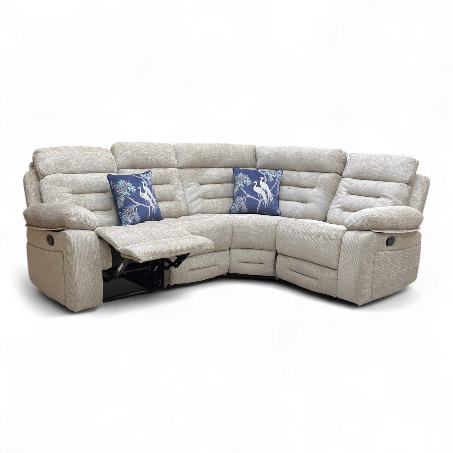 Angled view of the Wilbur Latte Fabric Modular Corner Sofa, showcasing the high-back design and pad arm style.