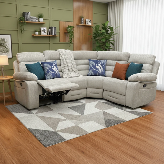 Living Room of the Wilbur Modular Sofa highlighting the manual recliner mechanism and Latte solid colour upholstery fabric.