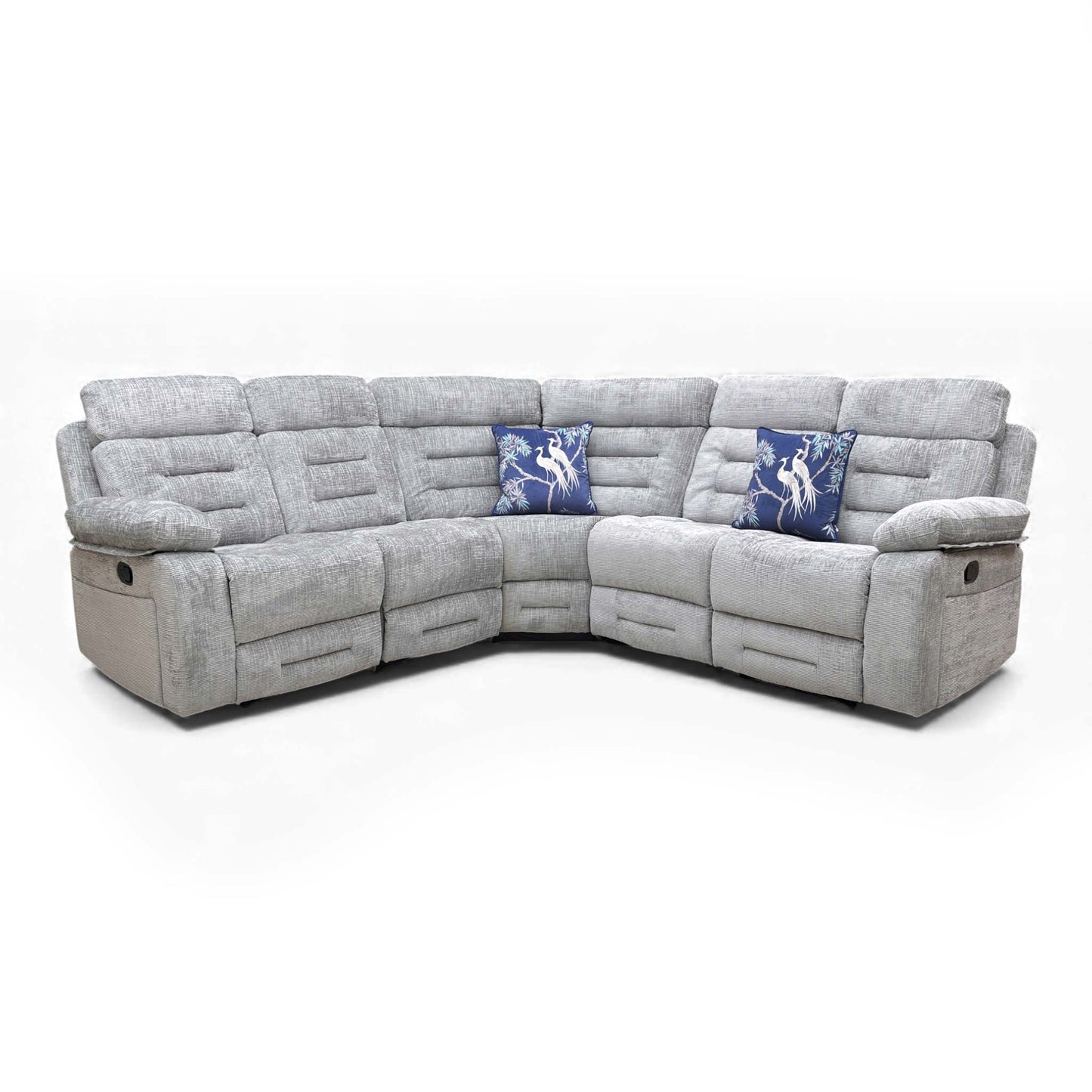 Full frontal view of the Wilbur Grey Fabric Corner Sofa, emphasizing the generous seating and manual recliner mechanism.