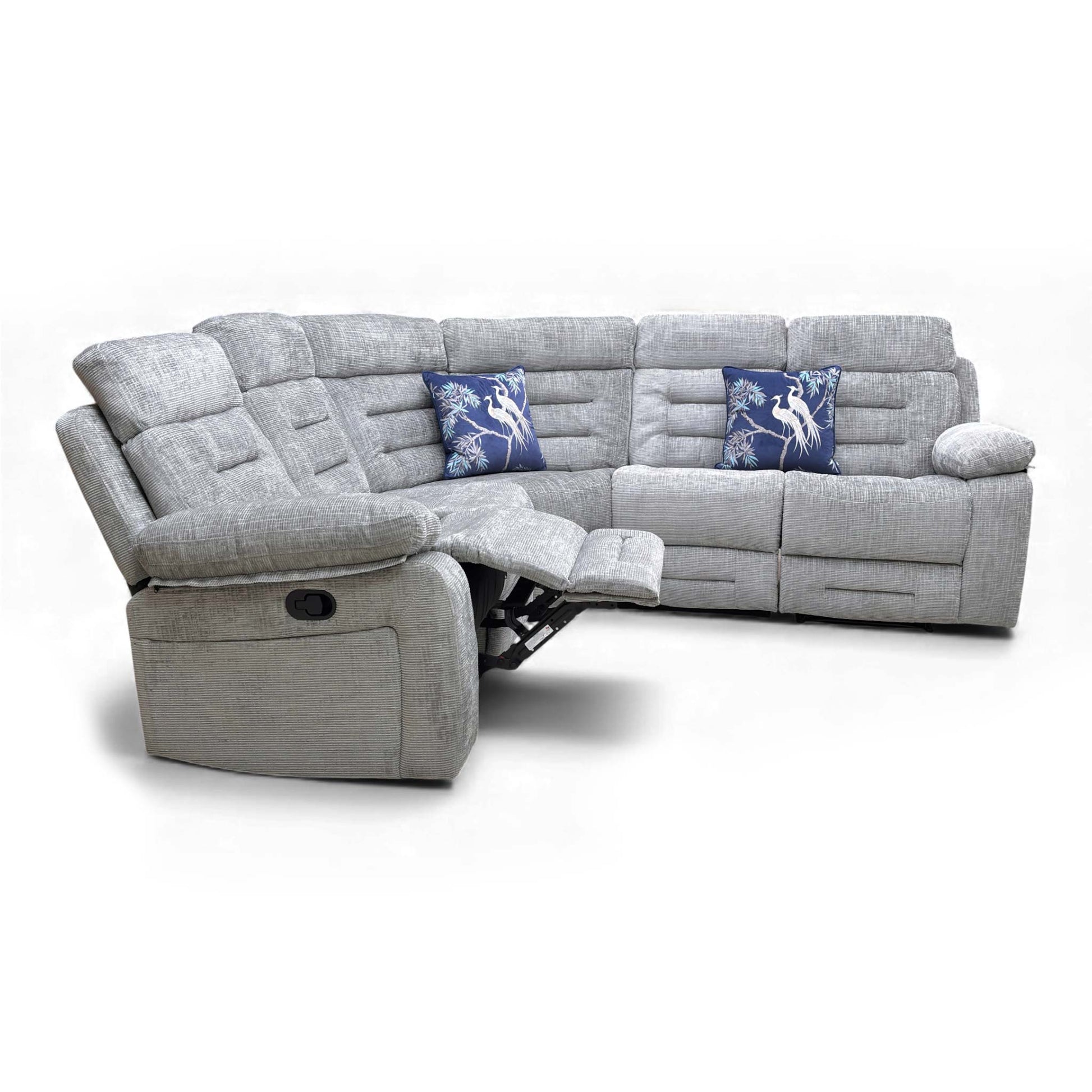 Detail shot of one of the manual recliner seats on the Wilbur sofa, extended for comfort.