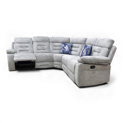 Angled view of the Wilbur Grey Fabric Modular 2 Corner 2 Sofa, showing its high back and chunky pad arm design.