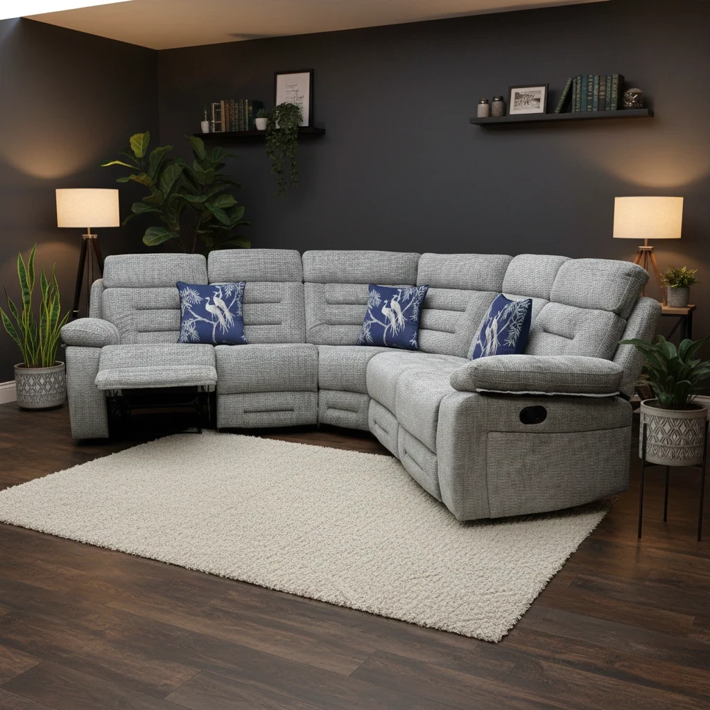 Living room of Digital rendering of the Wilbur Modular Corner Sofa in Grey Fabric, highlighting its contemporary style.