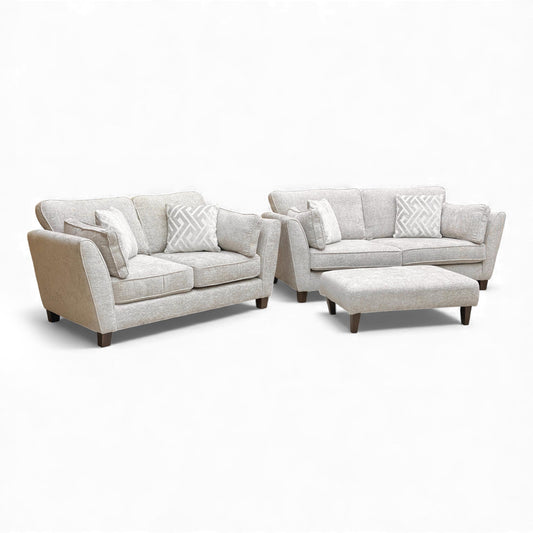 Full furniture set: Tabitha 3 and 2 Seater Sofas and Bench Stool in Ivory Woven Fabric.