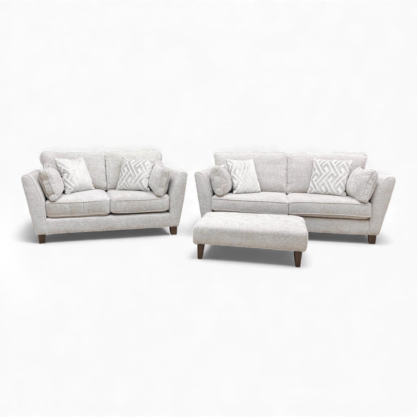 Front View furniture set: Tabitha 3 and 2 Seater Sofas and Bench Stool in Ivory Woven Fabric.