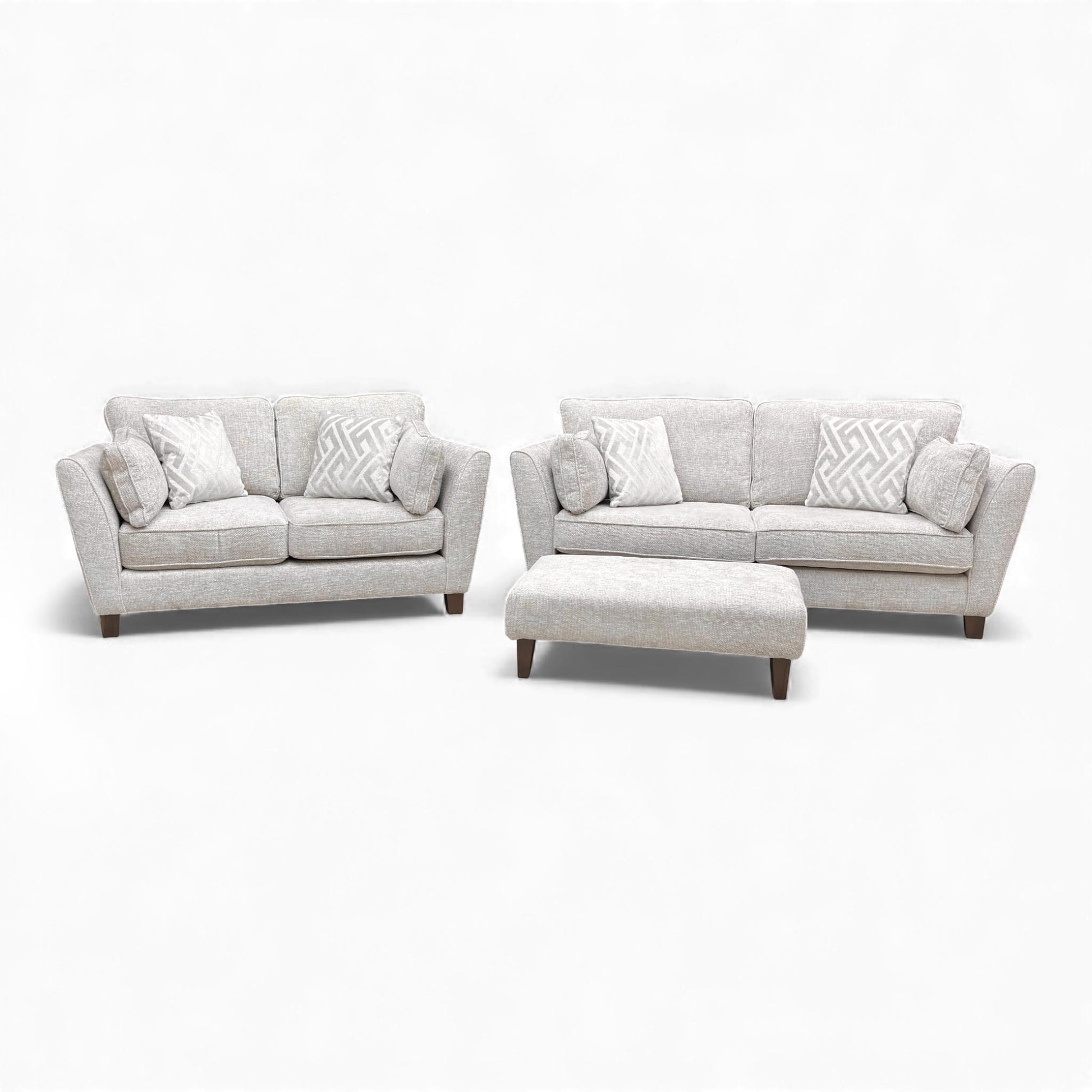 Front View furniture set: Tabitha 3 and 2 Seater Sofas and Bench Stool in Ivory Woven Fabric.