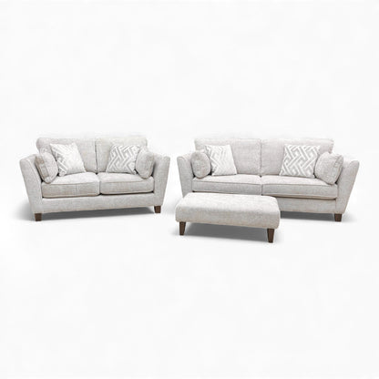 Front View furniture set: Tabitha 3 and 2 Seater Sofas and Bench Stool in Ivory Woven Fabric.