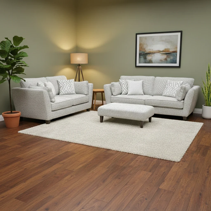 Living Room of the Tabitha Sofa Set, highlighting the elegant curved arms and walnut-finished wood feet.