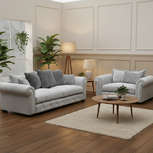 Digital product image highlighting the Alexander & James Sumptuous design, the light Dove fabric, and luxurious scroll arms.