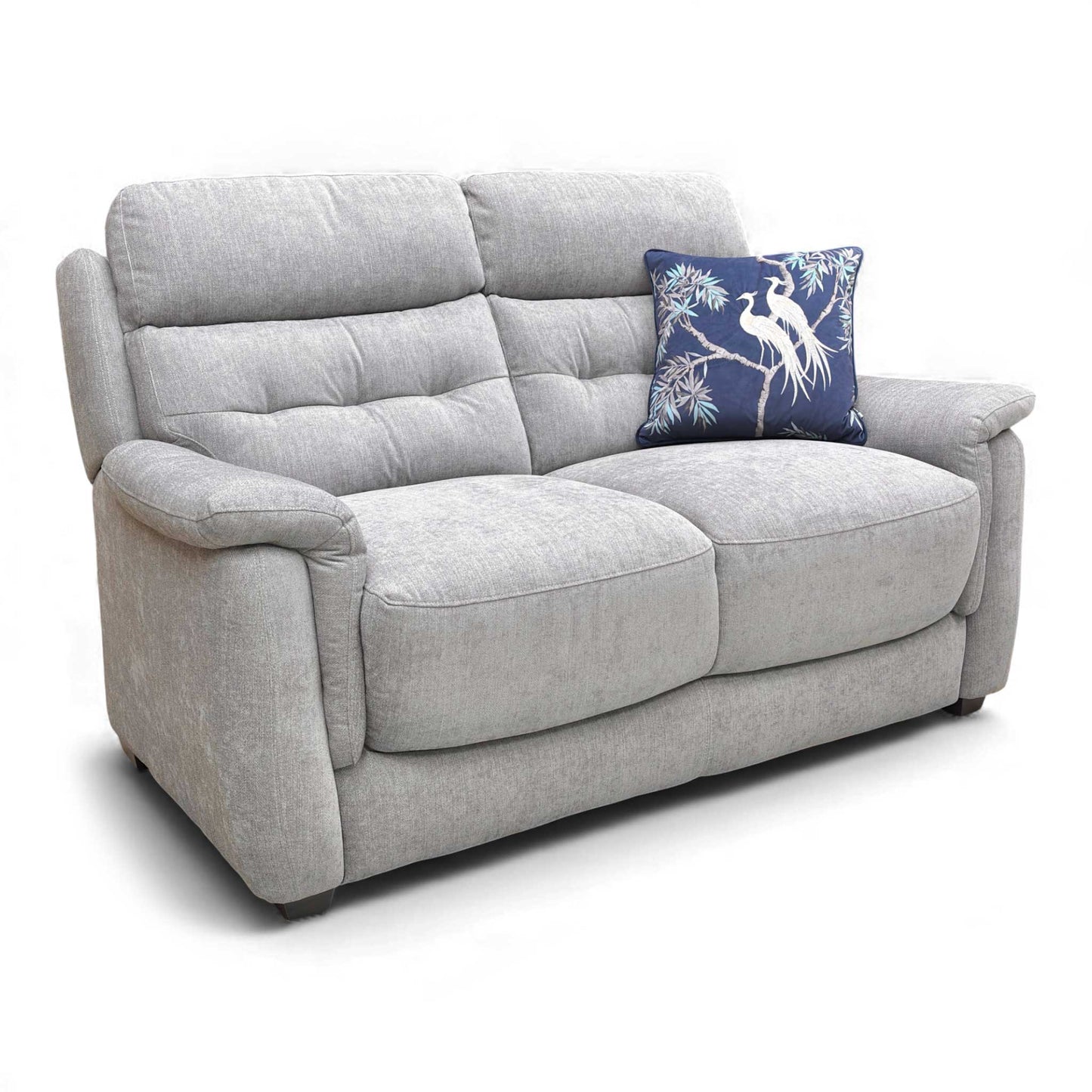 Angled view of the Springer 2 Seater Sofa in Pewter Fabric, showcasing the compact design and sumptuously padded arms.
