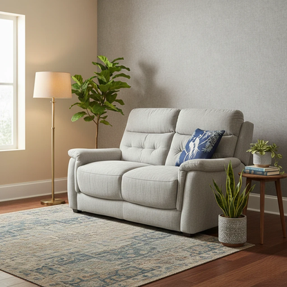 Product image of the Springer 2 Seater Sofa highlighting key features: Pewter Fabric, Fixed Cushion, deep sprung seating, and removable backs/arms for delivery access.
