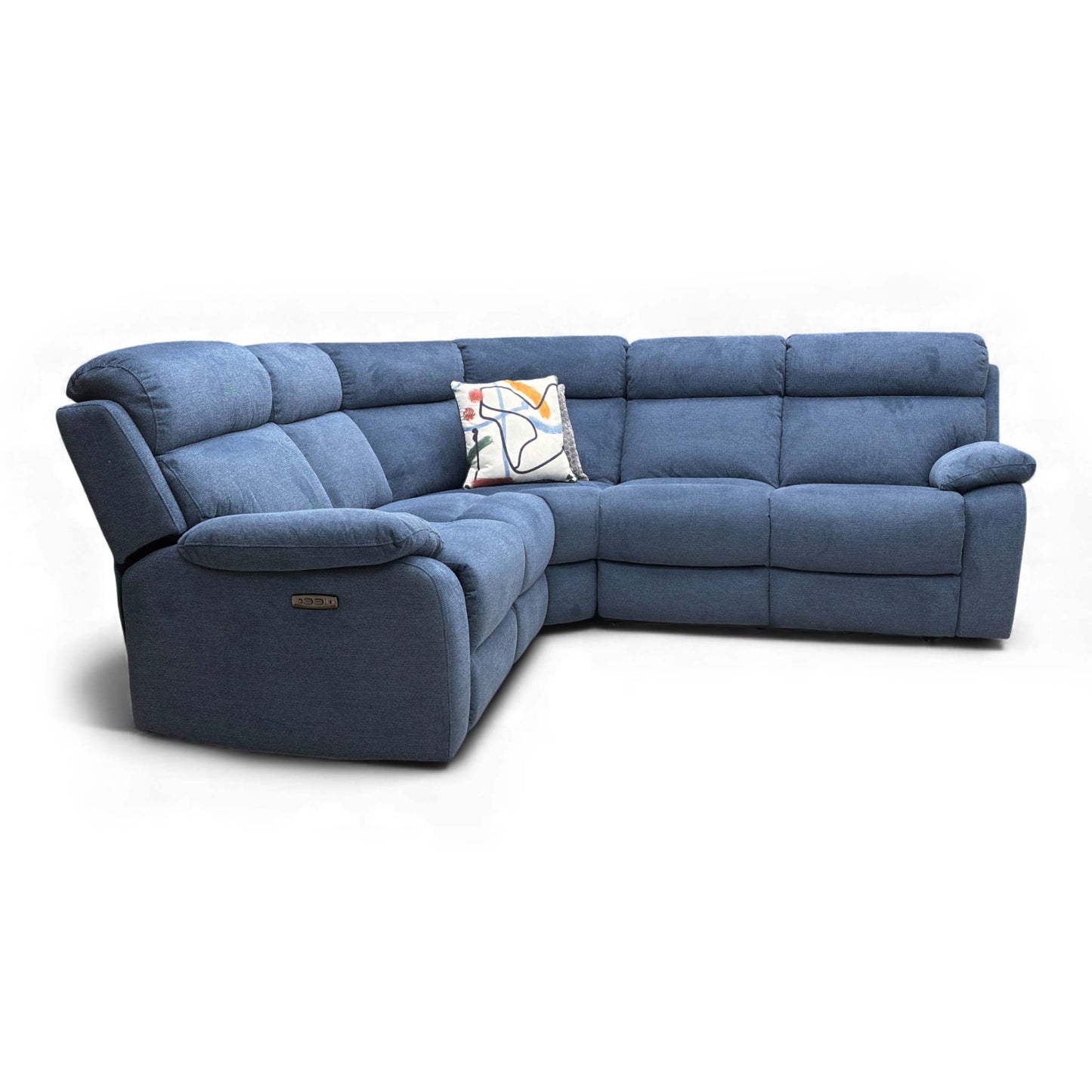 Side view detail of the Moreno Sofa's armrest, showing the power control buttons and USB charging port.