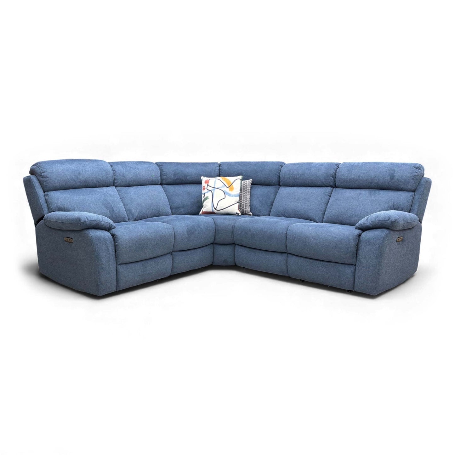 Angled view of the Moreno Blue Fabric Power Recliner Corner Sofa, showcasing its power recliner and power headrests.