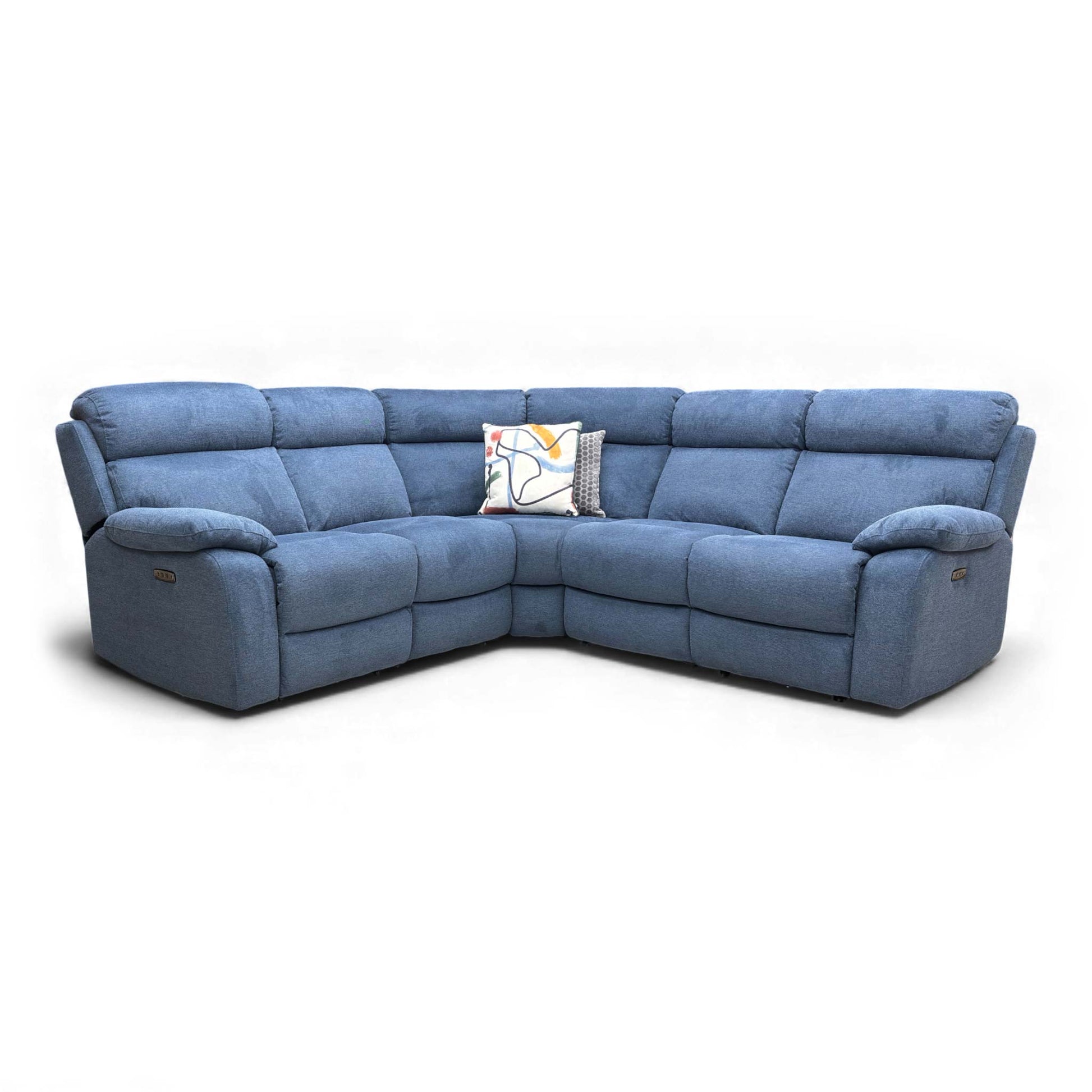Angled view of the Moreno Blue Fabric Power Recliner Corner Sofa, showcasing its power recliner and power headrests.
