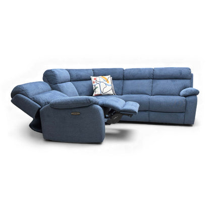 View of the corner sofa fully reclined, showing maximum extension.