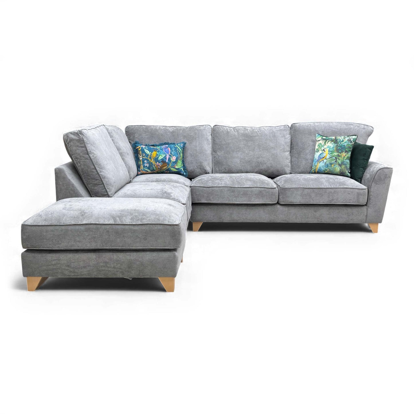 Angled front view of the Legend Kingston Corner Sofa in Grey Fabric, set up with the footstool to create a large chaise end.