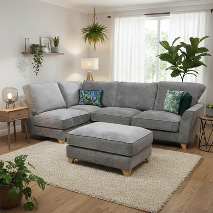 Product image of the Legend Kingston Corner Sofa highlighting key features: Kingston Grey Fabric, Classic Back cushions, FoamFlex seating, and the large included footstool.