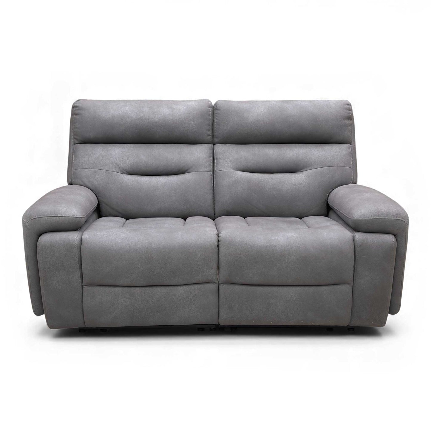 Full Front view of the sofa, possibly reclined, showcasing its grey fabric.