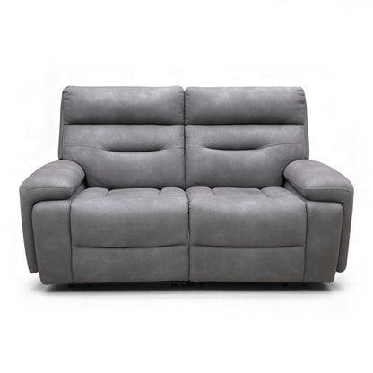 Full Front view of the sofa, possibly reclined, showcasing its grey fabric.