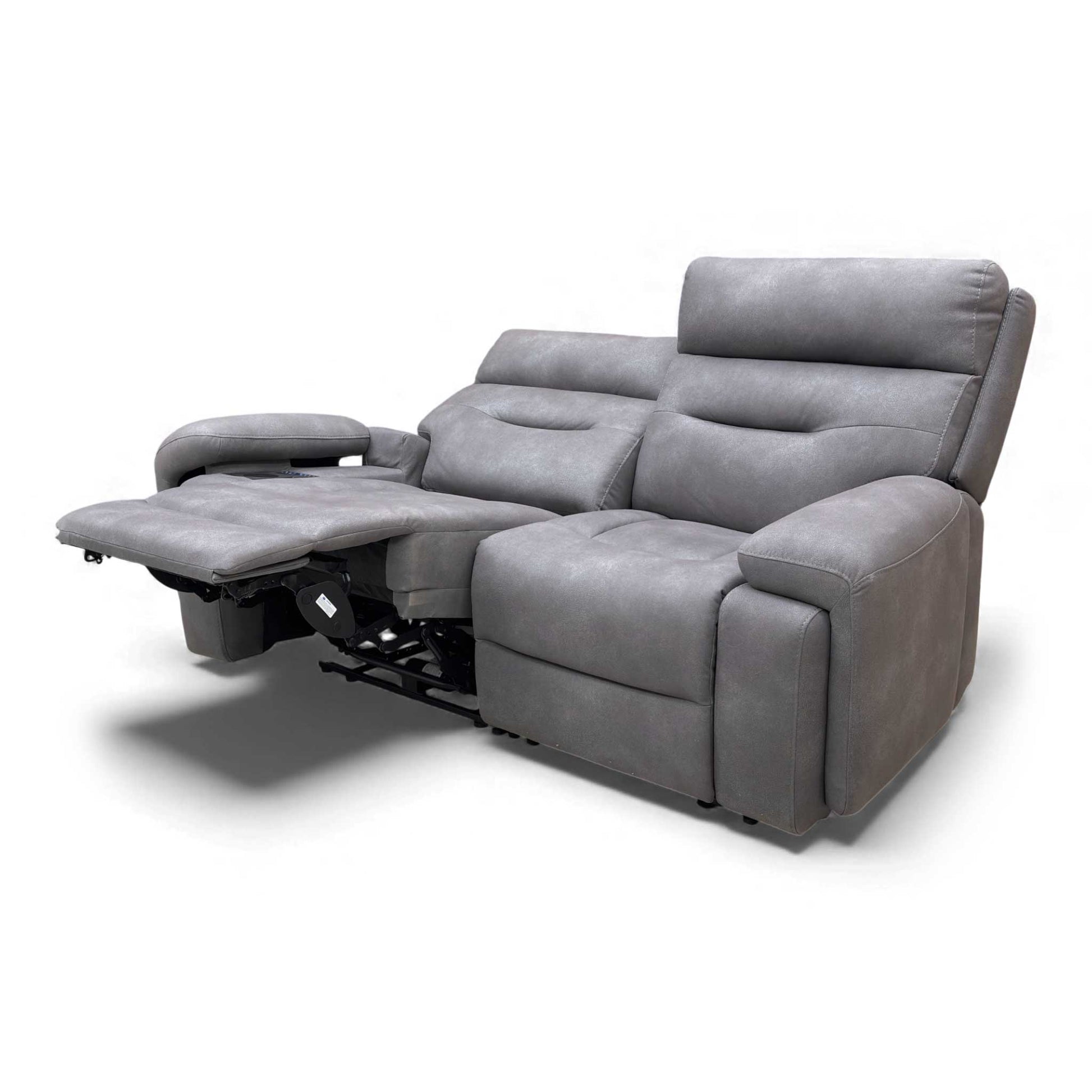 View of the sofa fully reclined, showing maximum extension.