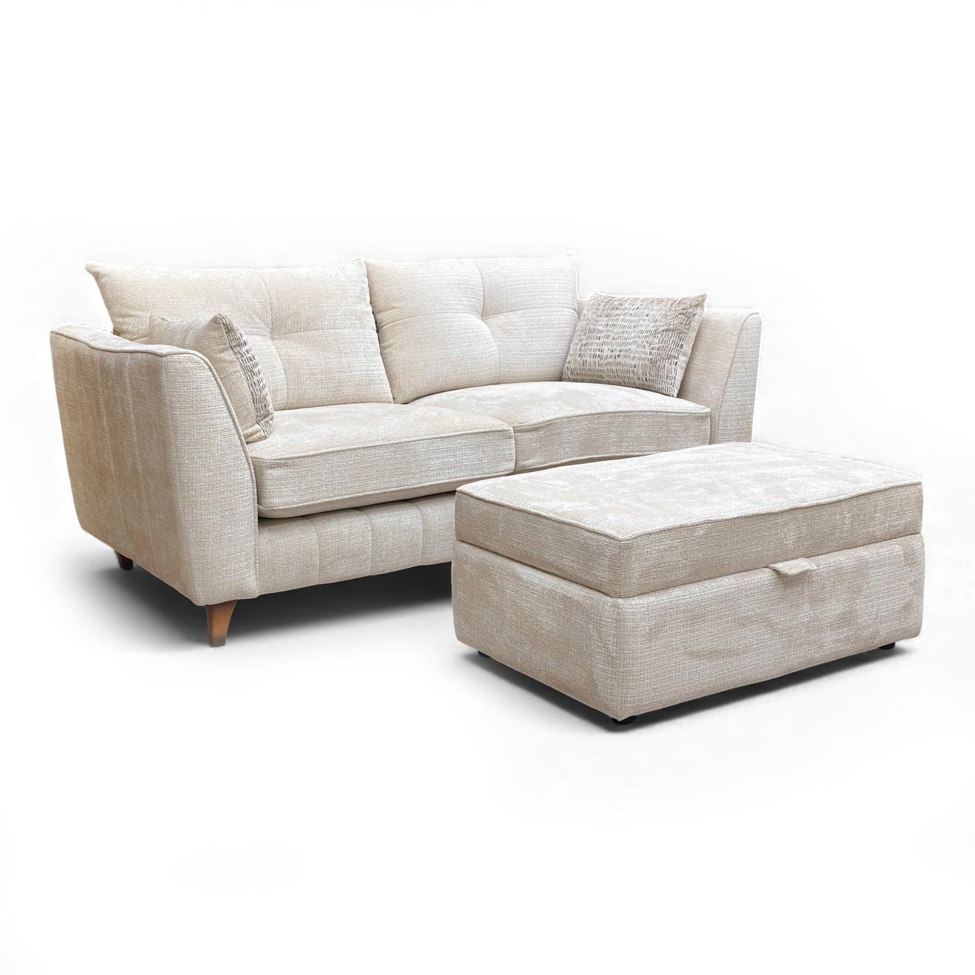 Full angled view of the 3-seater sofa and the footstool in a room setting.
