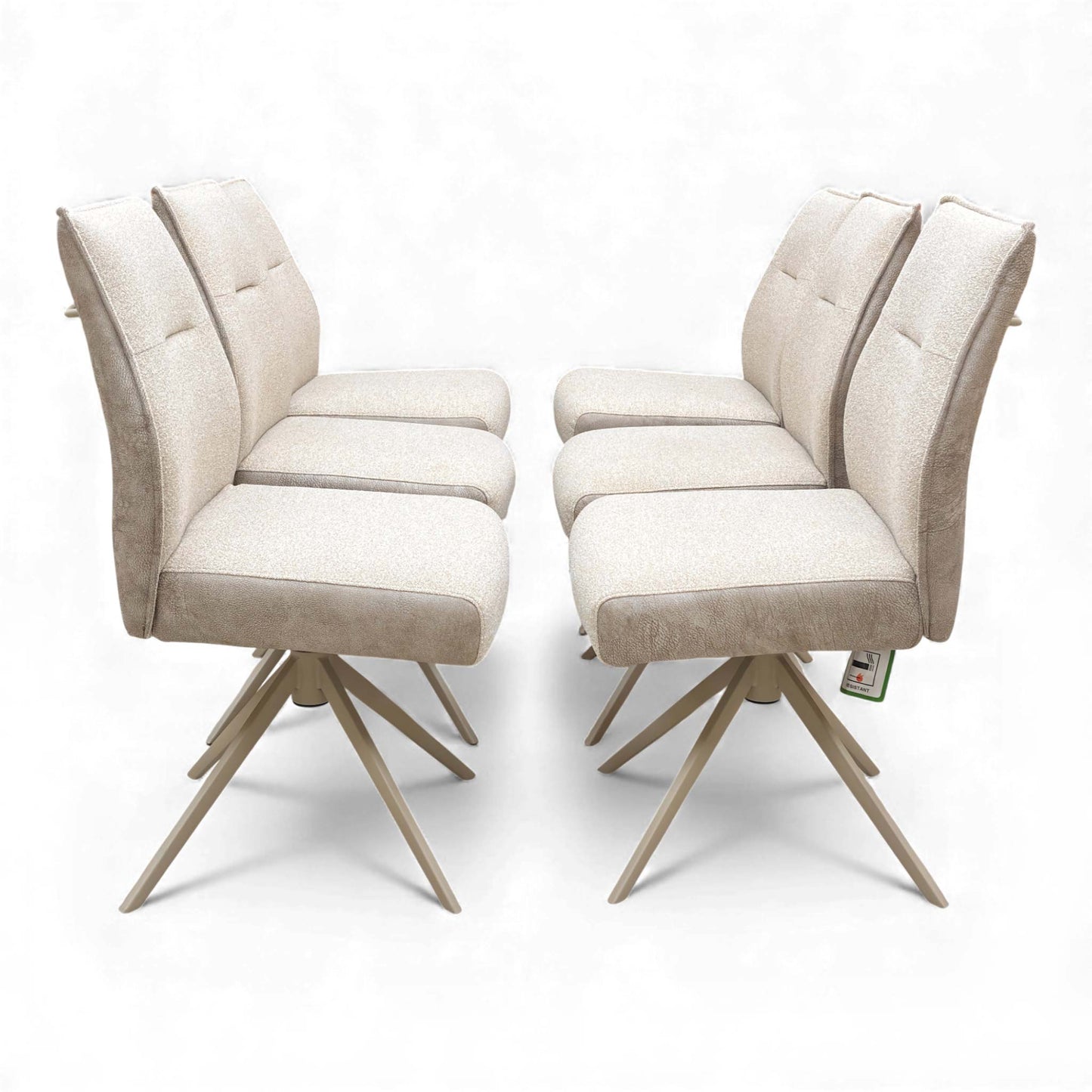 Front view of a single Mirage Neutral Fabric Swivel Dining Chair, highlighting its curved shape and metal base.