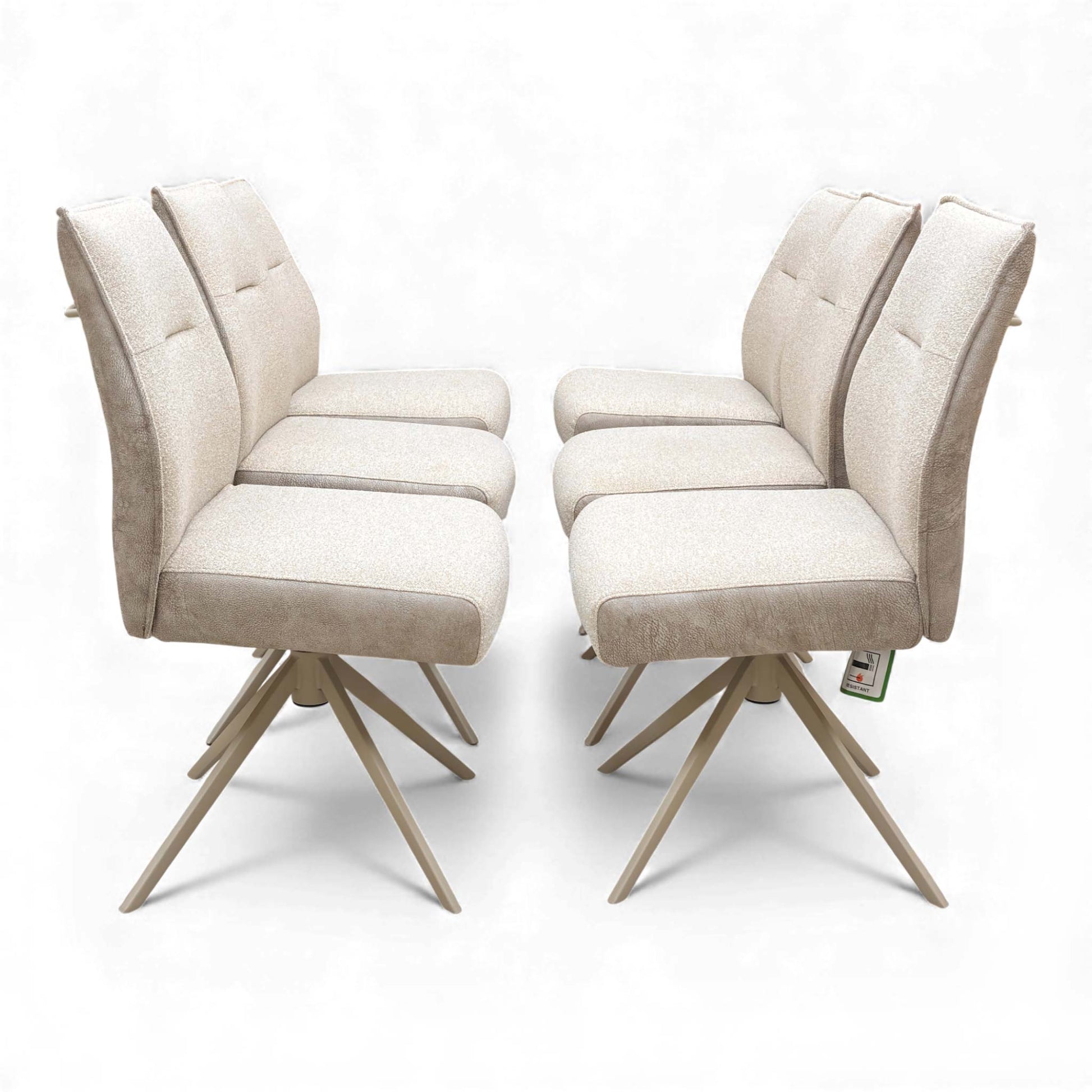 Front view of a single Mirage Neutral Fabric Swivel Dining Chair, highlighting its curved shape and metal base.