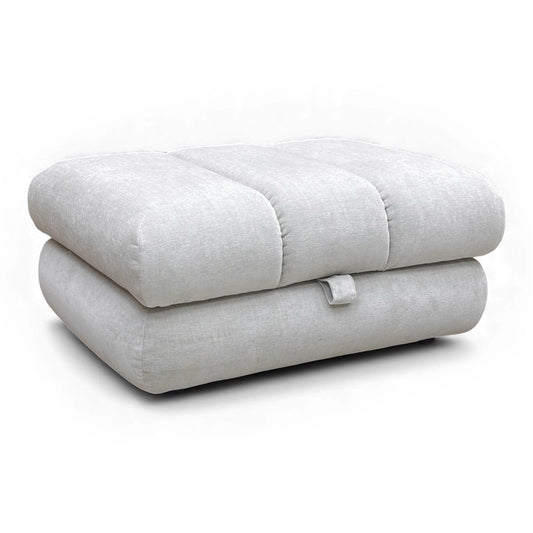 Angled view of the taupe storage footstool.