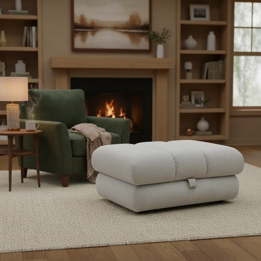 Living room of Digital rendering of the Waldorf Taupe Storage Footstool showcasing its rectangular shape.