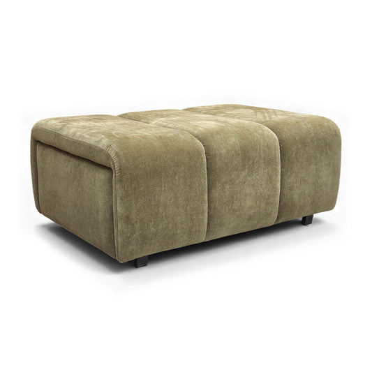 Angled view of the olive green storage footstool.