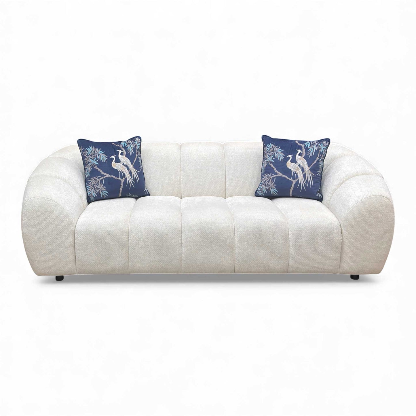 Full front view of the Waldorf Soft Chenille Sofa in a living room setting.
