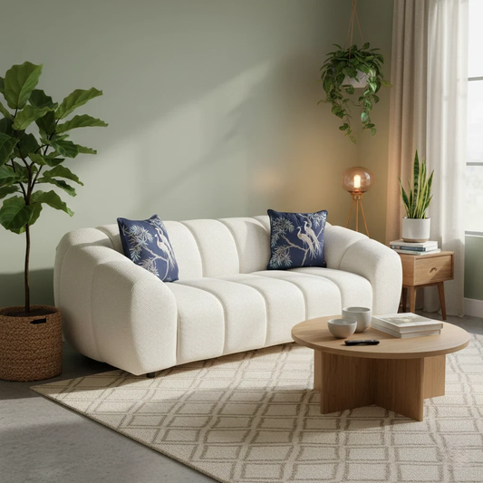 Living room of Digital rendering of the Waldorf Soft Chenille Sofa, showcasing its modern back and classic rounded arms.