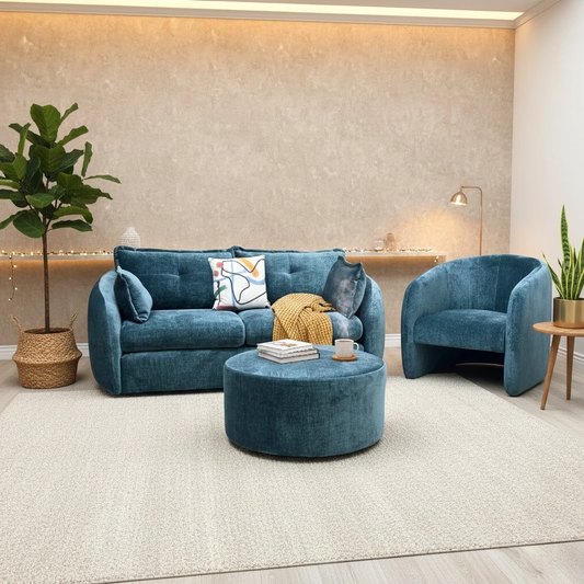 Living Room of the Portobello Sofa Set (3 Seater Sofa, Accent Chair, Footstool), highlighting the Chenille fabric.