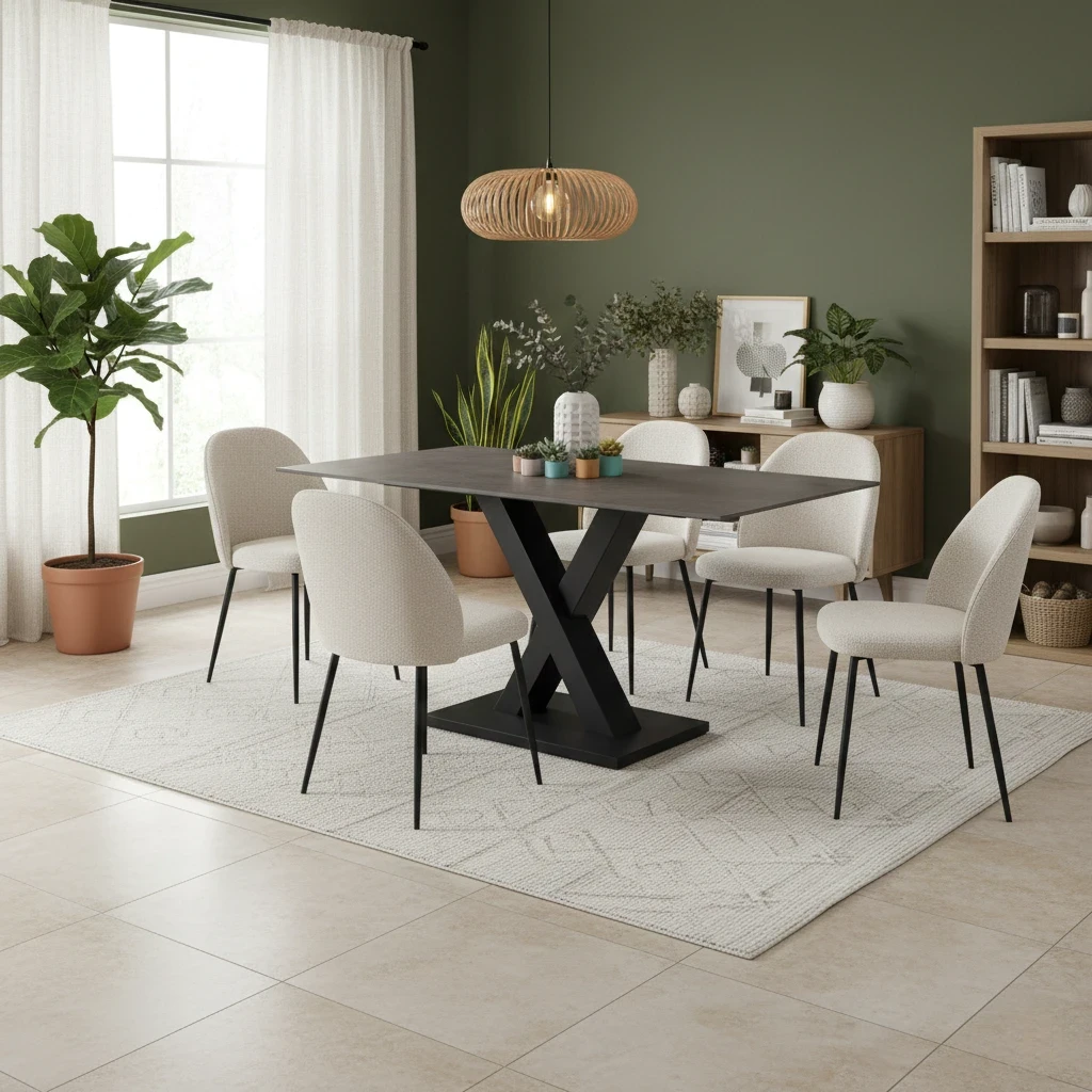 Living room of Angled view of the dining table showcasing the grey sintered stone top and V-shaped base.