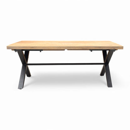 Front view of the Saturn Solid Oak 190cm Fixed Dining Table with industrial Metal X-Shaped Legs.