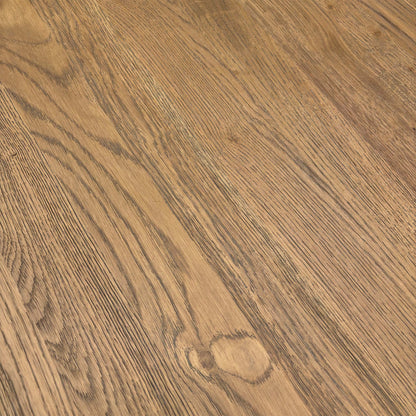 Close-up of the rustic solid oak table top surface, highlighting natural wood grain and knots.
